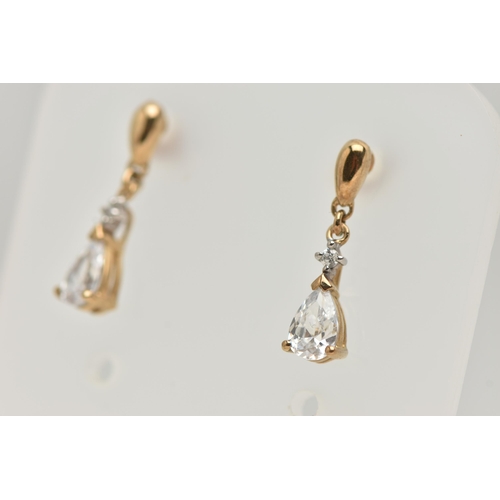 49 - A 9CT GOLD NECKLACE AND DROP EARRINGS, the necklace designed as a V-shape foliate line set with circ... 