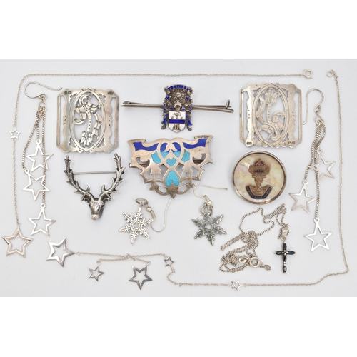 53 - ASSORTED JEWELLERY, to include an open work nurses buckle, markers mark 'AJS', a white metal and ena... 