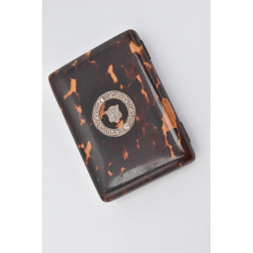 54 - A VICTORIAN TORTOISESHELL AND SILVER INLAID CARD CASE, the front with shield shaped cartouche bearin... 