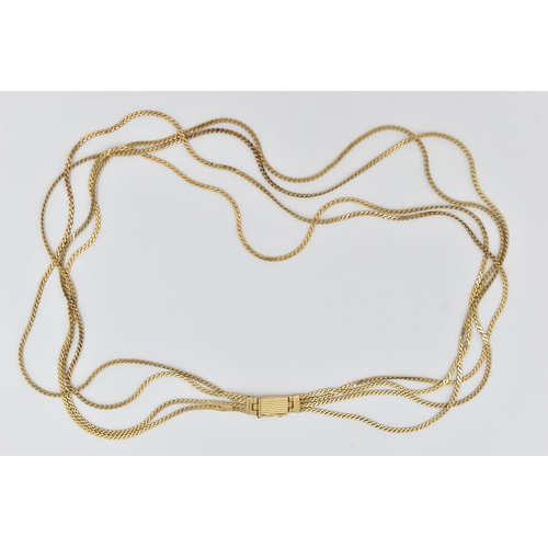 55 - A YELLOW METAL NECKLACE, comprised of four s link chains, fitted together with a push pin box clasp ... 