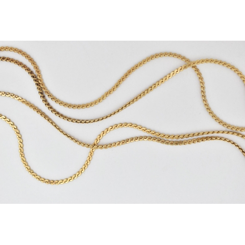 55 - A YELLOW METAL NECKLACE, comprised of four s link chains, fitted together with a push pin box clasp ... 