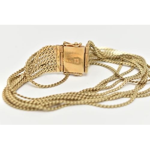 56 - A YELLOW METAL BRACELET, comprised of nine s link chains, fitted together with a push pin box clasp ... 