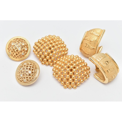 61 - THREE PAIRS OF 'CHRISTIAN DIOR' EARRINGS, three pairs of gold plated large clip on earrings, each si... 