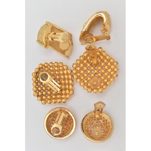 61 - THREE PAIRS OF 'CHRISTIAN DIOR' EARRINGS, three pairs of gold plated large clip on earrings, each si... 