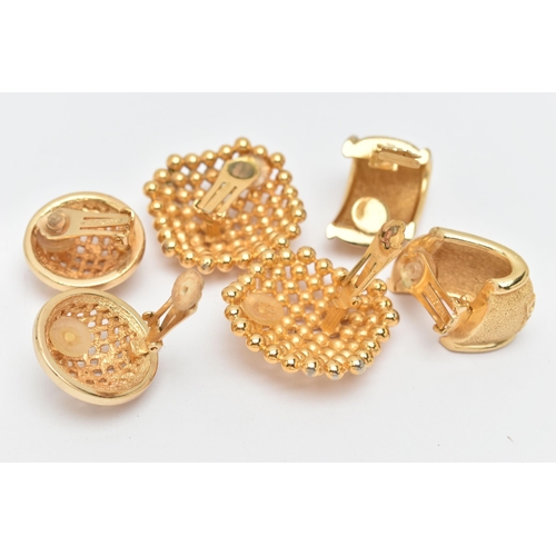 61 - THREE PAIRS OF 'CHRISTIAN DIOR' EARRINGS, three pairs of gold plated large clip on earrings, each si... 