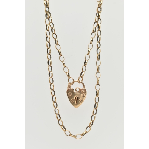 67 - A 9CT GOLD BELCHER CHAIN AND GOLD HEART PADLOCK CLASP, chain hallmarked 9ct Birmingham, missing clas... 