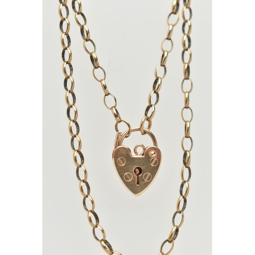 67 - A 9CT GOLD BELCHER CHAIN AND GOLD HEART PADLOCK CLASP, chain hallmarked 9ct Birmingham, missing clas... 