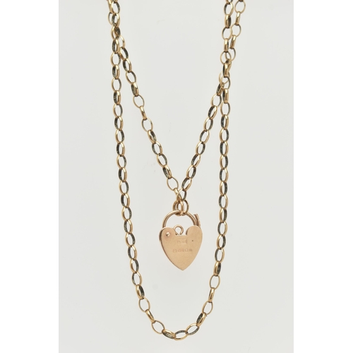 67 - A 9CT GOLD BELCHER CHAIN AND GOLD HEART PADLOCK CLASP, chain hallmarked 9ct Birmingham, missing clas... 