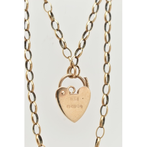 67 - A 9CT GOLD BELCHER CHAIN AND GOLD HEART PADLOCK CLASP, chain hallmarked 9ct Birmingham, missing clas... 