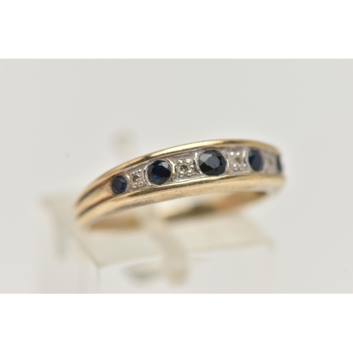 7 - A 9CT GOLD SAPPHIRE AND DIAMOND HALF ETERNITY RING, designed with a row of five graduated circular c... 