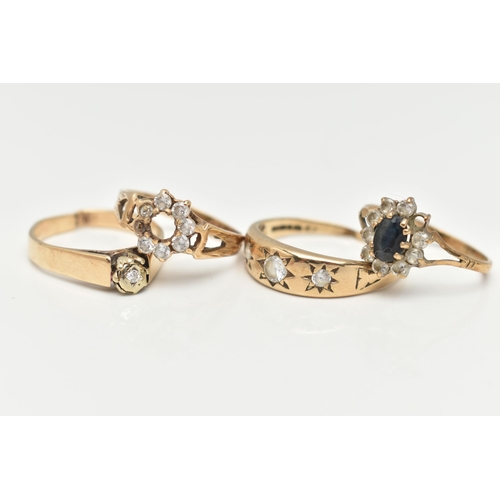 70 - FOUR 9CT GOLD RINGS, to include a sapphire and cubic zirconia cluster ring, hallmarked 9ct Sheffield... 