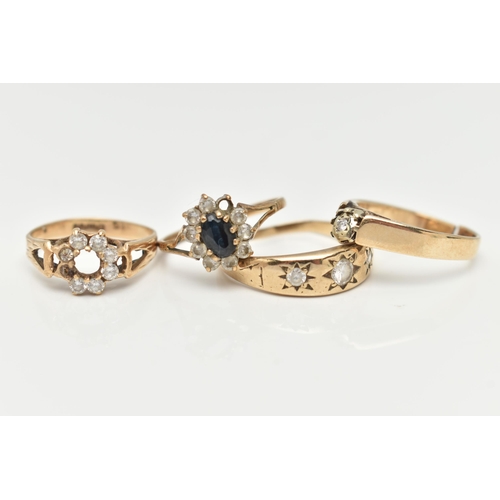 70 - FOUR 9CT GOLD RINGS, to include a sapphire and cubic zirconia cluster ring, hallmarked 9ct Sheffield... 