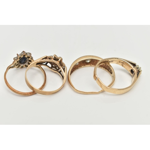 70 - FOUR 9CT GOLD RINGS, to include a sapphire and cubic zirconia cluster ring, hallmarked 9ct Sheffield... 