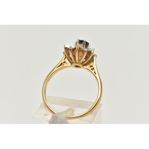 8 - AN 18CT YELLOW GOLD CLUSTER RING, flower shape cluster set with a raised circular cut deep blue sapp... 