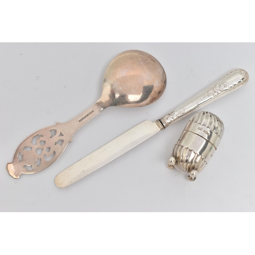 100 - THREE ITEMS, to include a silver pepperette, raised on four ball feet, pierced cover, hallmarked 'Ro... 