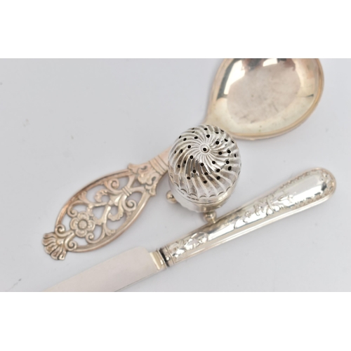 100 - THREE ITEMS, to include a silver pepperette, raised on four ball feet, pierced cover, hallmarked 'Ro... 