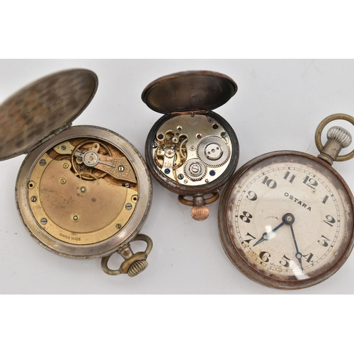 106 - THREE OPEN FACE POCKET WATCHES, AF hand wound movements, names to include Medana and Ostara, (condit... 