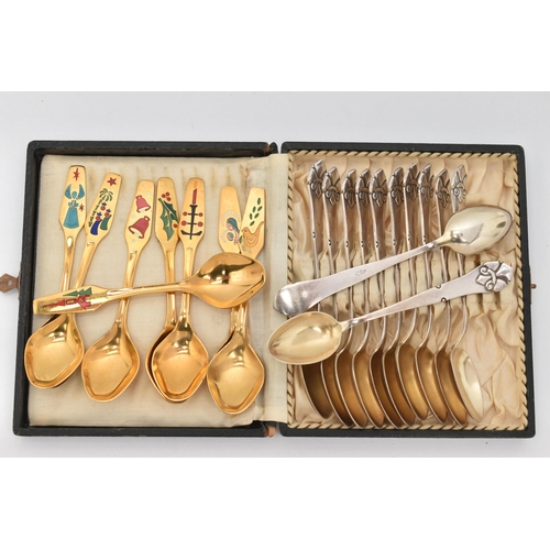 115 - TWO SETS OF DANISH SPOONS, to include a set of eight yellow metal teaspoons, decorated with a Christ... 