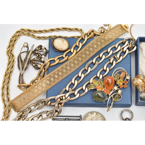 116 - AN ASSORTMENT OF JEWELLERY, WATCHES AND OTHER ITEMS, to include assorted gold plated chains, bracele... 