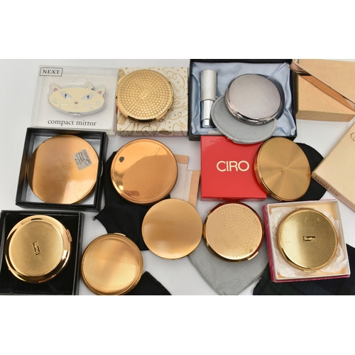 126 - NINE POWDER COMPACTS, A BOXED POWDER COMPACT AND ATOMISER AND A NEXT CAT SHAPED COMPACT MIRROR, bran... 