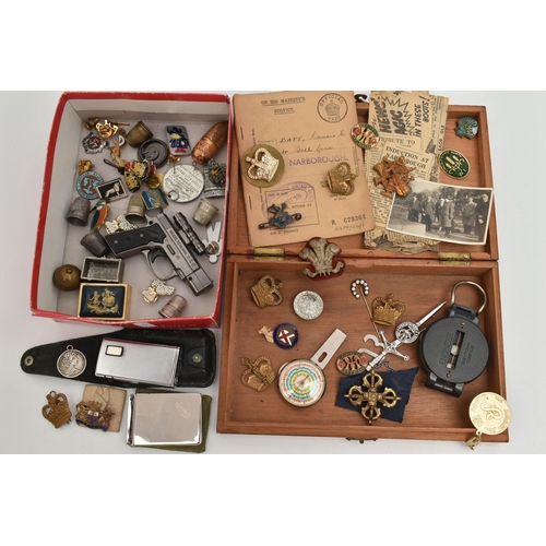 128 - A BOX AND A WOODEN BOX OF MILITARY BADGES, OTHER METAL AND ENAMEL BADGES, NEEDLEWORK ACCESSORIES AND... 