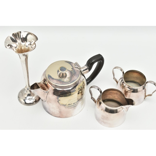 129 - AN EARLY 20TH CENTURY SILVER POSY VASE AND A SILVER PLATE TEA SET, tapered polished stem with wavy m... 