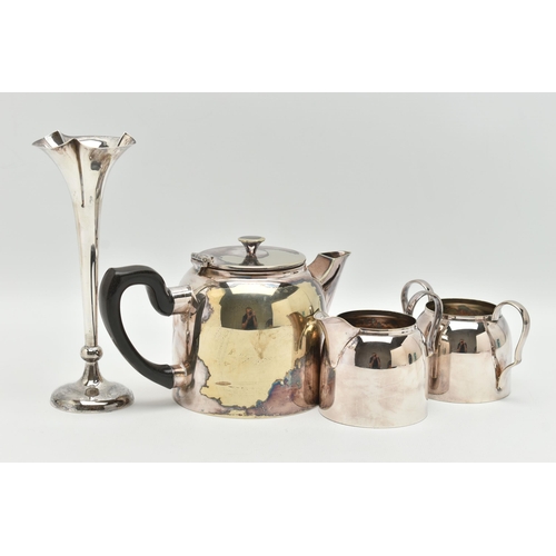 129 - AN EARLY 20TH CENTURY SILVER POSY VASE AND A SILVER PLATE TEA SET, tapered polished stem with wavy m... 