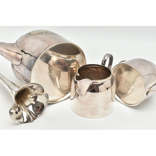 129 - AN EARLY 20TH CENTURY SILVER POSY VASE AND A SILVER PLATE TEA SET, tapered polished stem with wavy m... 