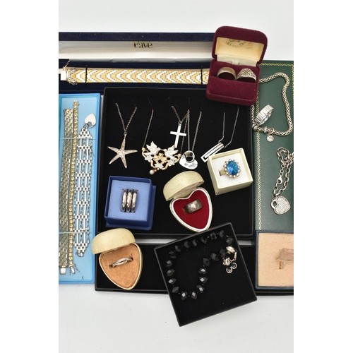 131 - AN ASSORTMENT OF SILVER AND WHITE METAL JEWELLERY, to include three bi colour bracelets each fitted ... 