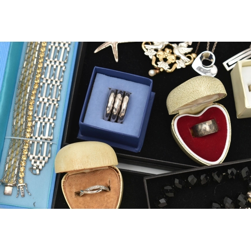 131 - AN ASSORTMENT OF SILVER AND WHITE METAL JEWELLERY, to include three bi colour bracelets each fitted ... 