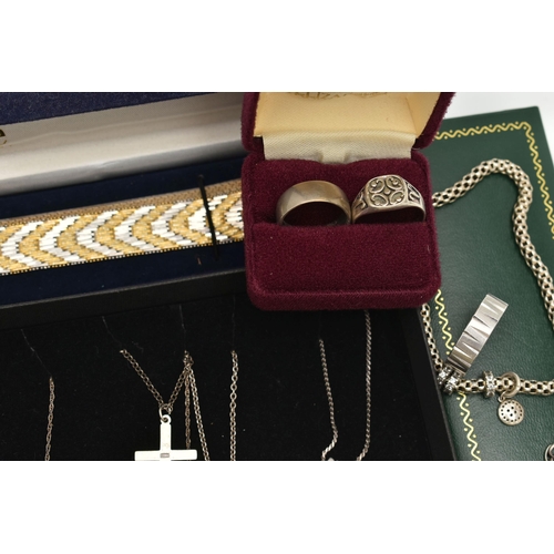 131 - AN ASSORTMENT OF SILVER AND WHITE METAL JEWELLERY, to include three bi colour bracelets each fitted ... 