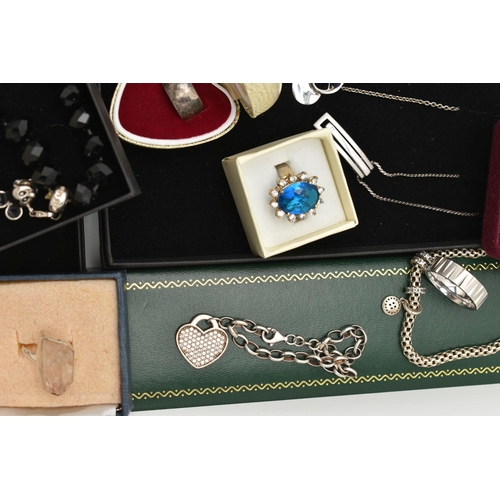 131 - AN ASSORTMENT OF SILVER AND WHITE METAL JEWELLERY, to include three bi colour bracelets each fitted ... 