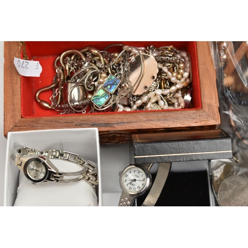 132 - A BOX OF ASSORTED SILVER AND WHITE METAL JEWELLERY, COSTUME JEWELLERY AND WATCHES, to include a silv... 