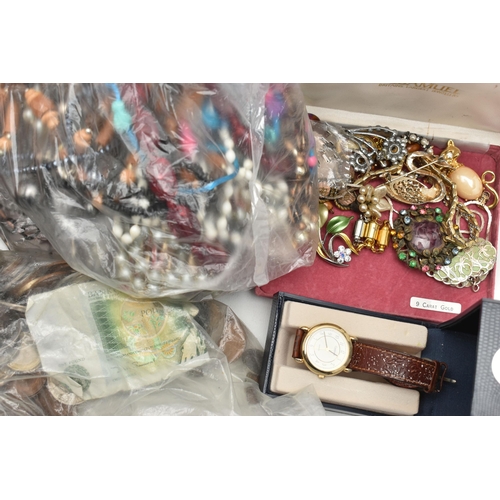 132 - A BOX OF ASSORTED SILVER AND WHITE METAL JEWELLERY, COSTUME JEWELLERY AND WATCHES, to include a silv... 