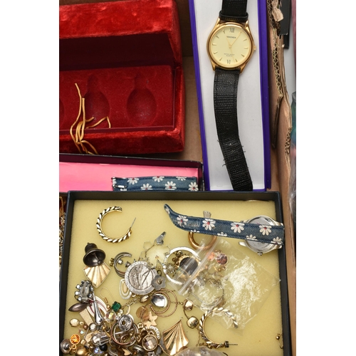 132 - A BOX OF ASSORTED SILVER AND WHITE METAL JEWELLERY, COSTUME JEWELLERY AND WATCHES, to include a silv... 