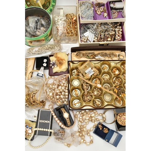 133 - A BOX OF ASSORTED COSTUME JEWELLERY AND ITEMS, to include various non-pierced costume earrings, neck... 