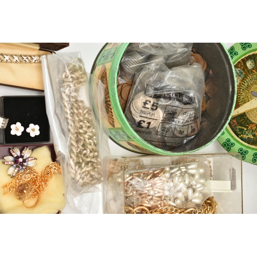 133 - A BOX OF ASSORTED COSTUME JEWELLERY AND ITEMS, to include various non-pierced costume earrings, neck... 