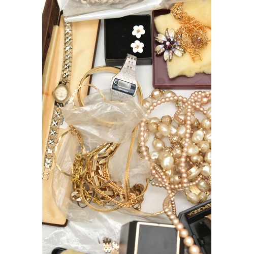 133 - A BOX OF ASSORTED COSTUME JEWELLERY AND ITEMS, to include various non-pierced costume earrings, neck... 