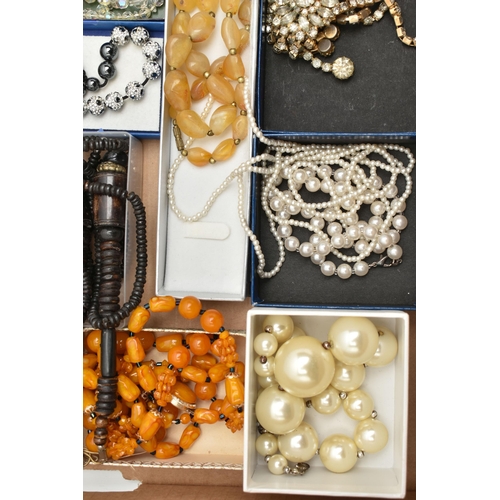 134 - A BOX OF ASSORTED COSTUME JEWELLERY, to include a selection of beaded necklaces, assorted bracelets ... 