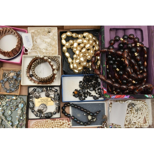 134 - A BOX OF ASSORTED COSTUME JEWELLERY, to include a selection of beaded necklaces, assorted bracelets ... 