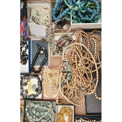 134 - A BOX OF ASSORTED COSTUME JEWELLERY, to include a selection of beaded necklaces, assorted bracelets ... 