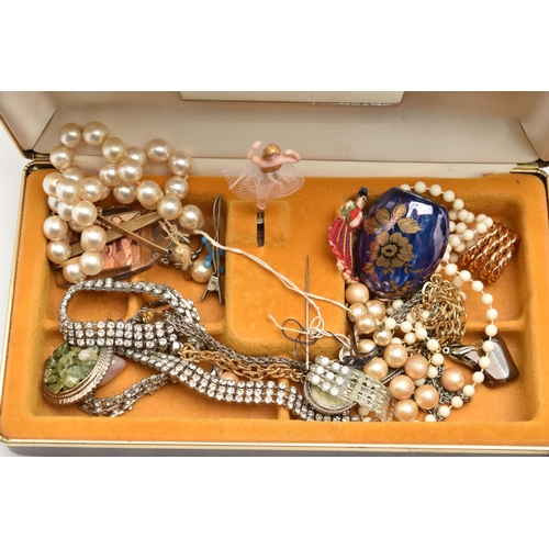 135 - A BOX OF ASSORTED ITEMS, to include two white metal serving trays, two jewellery boxes with assorted... 