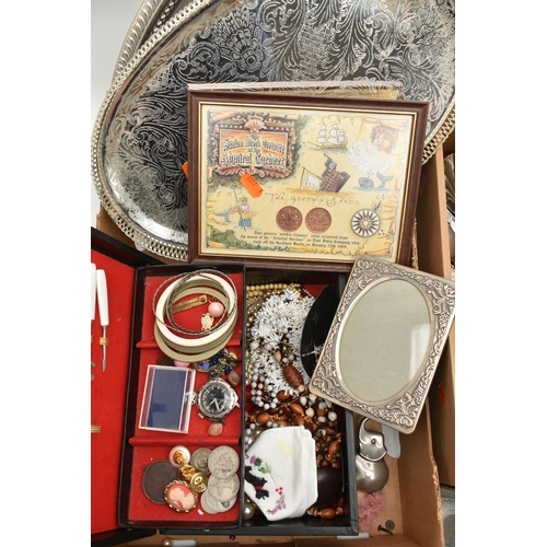 135 - A BOX OF ASSORTED ITEMS, to include two white metal serving trays, two jewellery boxes with assorted... 