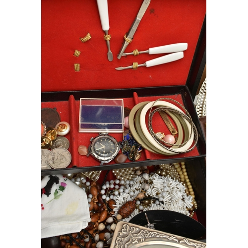 135 - A BOX OF ASSORTED ITEMS, to include two white metal serving trays, two jewellery boxes with assorted... 