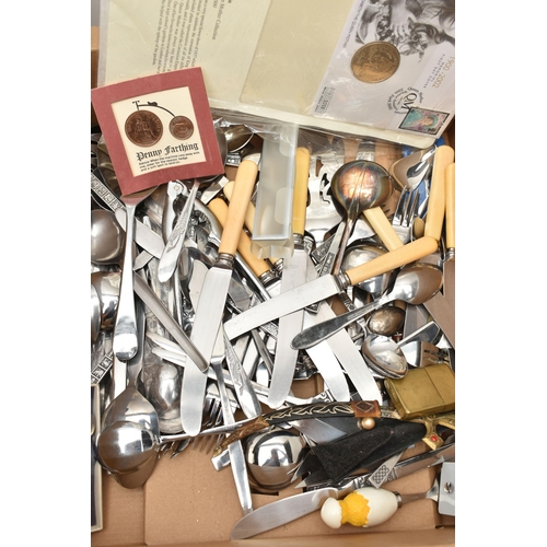 135 - A BOX OF ASSORTED ITEMS, to include two white metal serving trays, two jewellery boxes with assorted... 