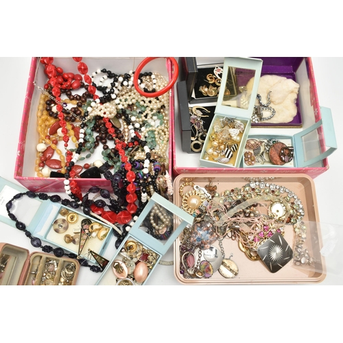 136 - A BOX OF ASSORTED JEWELLERY, to include two yellow metal earrings and three scroll fittings, some st... 