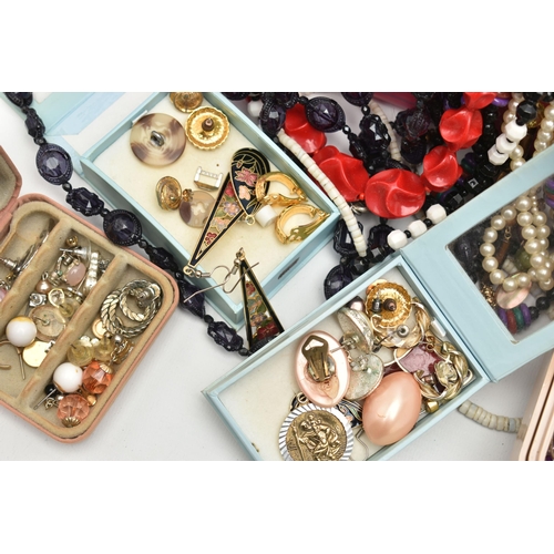 136 - A BOX OF ASSORTED JEWELLERY, to include two yellow metal earrings and three scroll fittings, some st... 