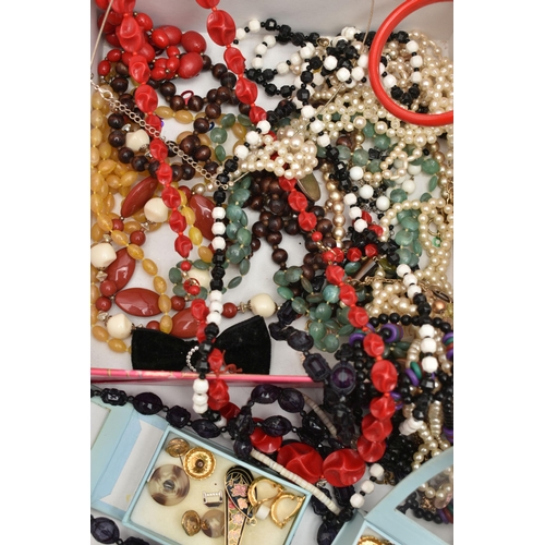 136 - A BOX OF ASSORTED JEWELLERY, to include two yellow metal earrings and three scroll fittings, some st... 