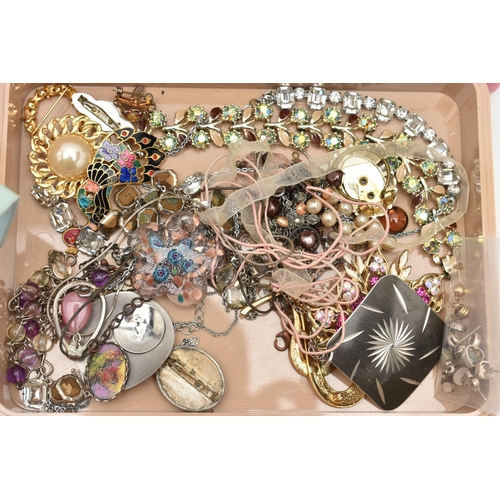 136 - A BOX OF ASSORTED JEWELLERY, to include two yellow metal earrings and three scroll fittings, some st... 