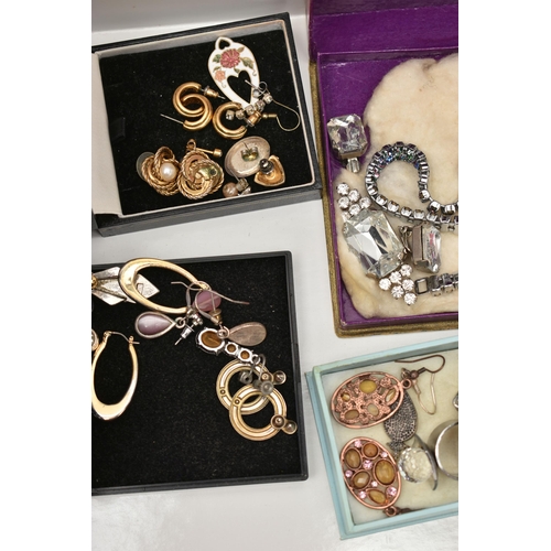 136 - A BOX OF ASSORTED JEWELLERY, to include two yellow metal earrings and three scroll fittings, some st... 